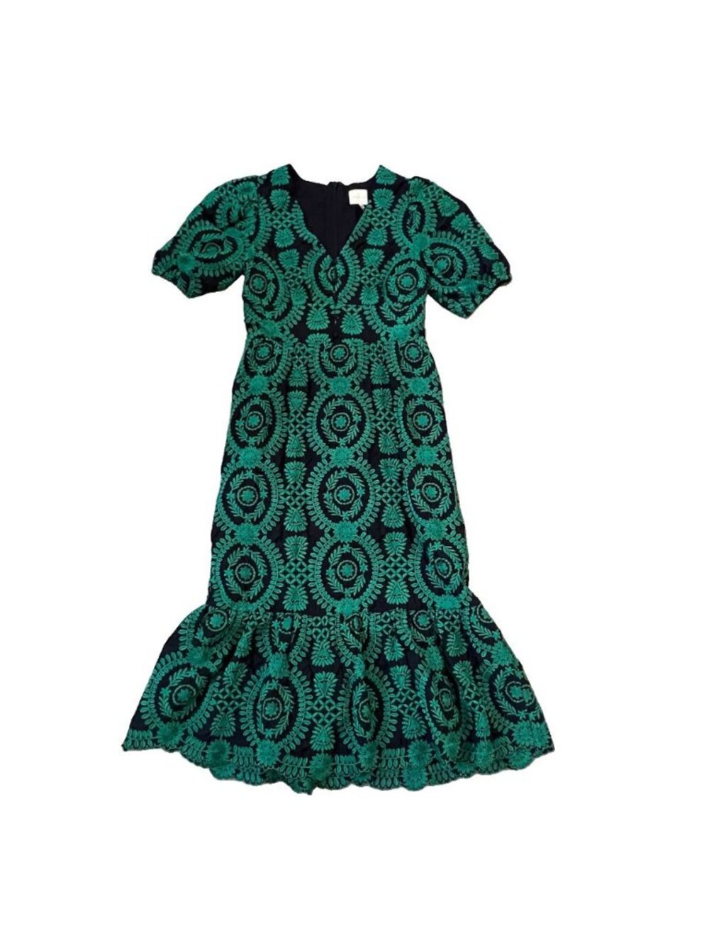 Adelyn Rae Luisa Embroidered Midi Dress Puff Sleeve Green Navy Size Medium
